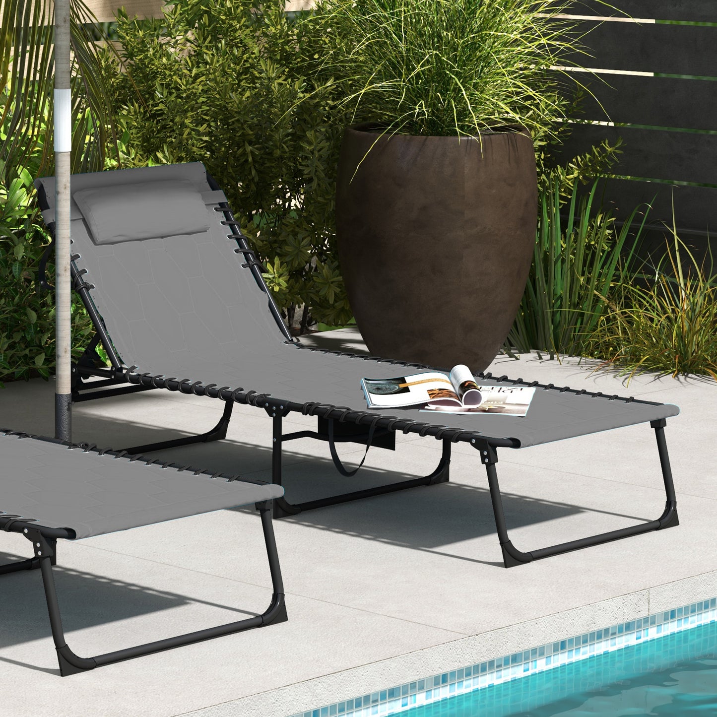 Outsunny Foldable Sun Lounger with 5 Level Reclining Back Outdoor Tanning Chair, Build In Padded Seat With Side Pocket - Grey
