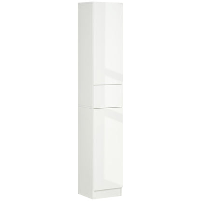 Kleankin Tall Bathroom Cabinet with Adjustable Shelves, High Gloss Storage Cupboard, Freestanding Tallboy with Storage Drawer, White