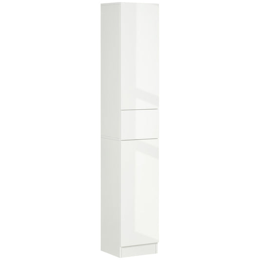 Kleankin Tall Bathroom Cabinet with Adjustable Shelves, High Gloss Storage Cupboard, Freestanding Tallboy with Storage Drawer, White