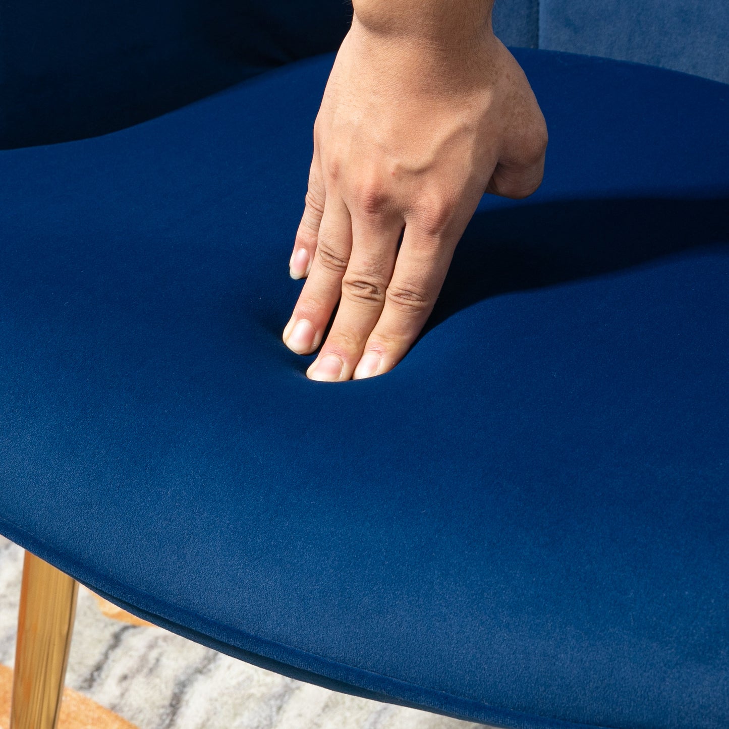 Retro Vintage Style Upholstered Armchair w/ Footstool Set, Button Tufted Accent Chair w/ Gold Tone Steel Legs, Wingback Chair, Dark Blue