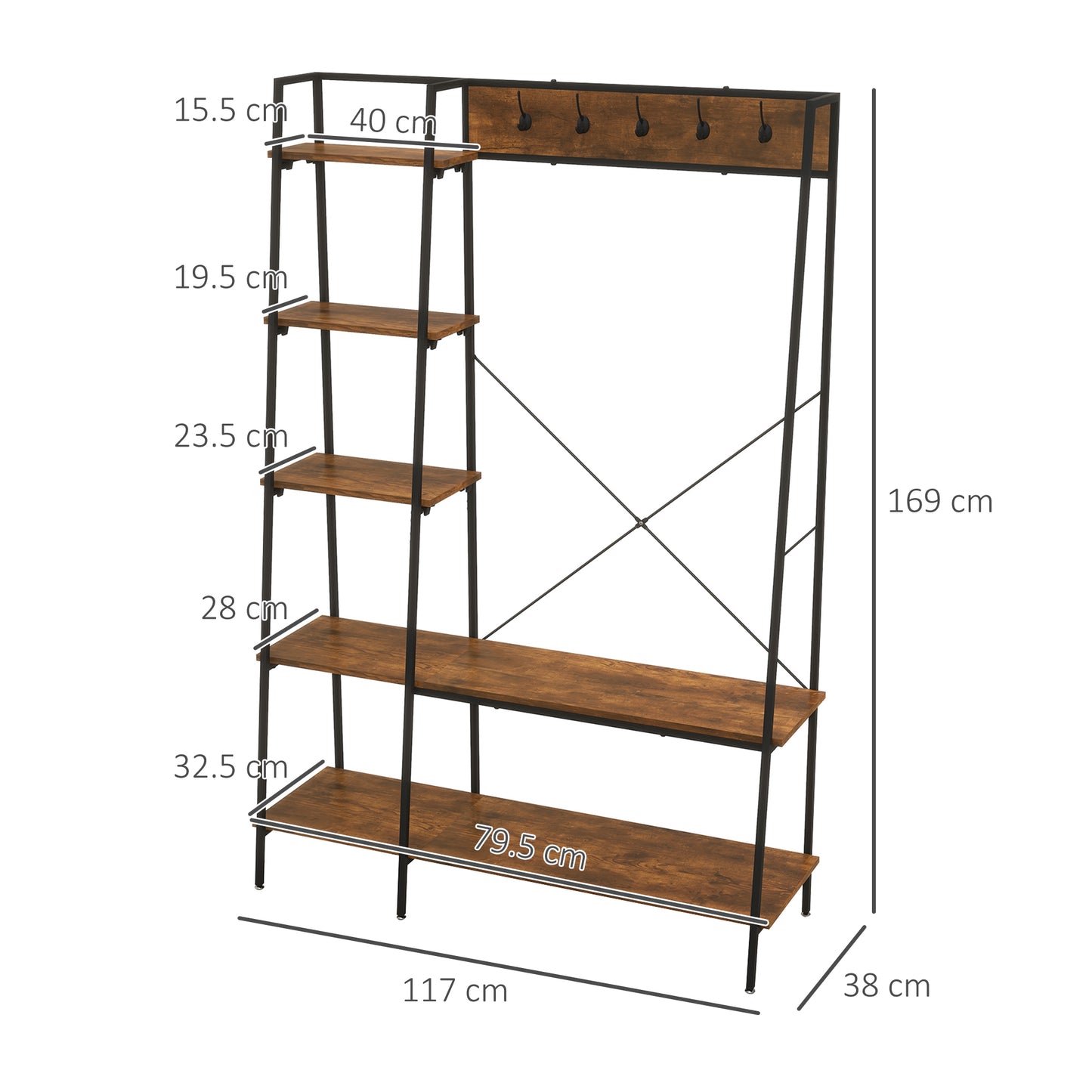 Hallway Unit, Free Standing Hall Tree w/ 2 Tier Shoe Rack, 5 Hooks, 5 Side Shelves & Steel Frame, Industrial Design, Brown, 117 x 38 x 169cm