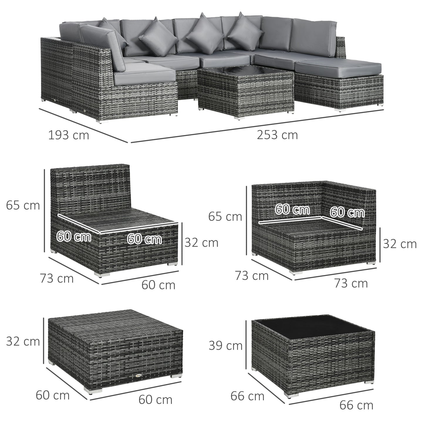 Outsunny 8 Piece PE Rattan Corner Sofa Set Garden Furniture Set Patio Wicker Sofa Seater w/ Cushion Washable Cushion Cover Tempered Glass Table Grey