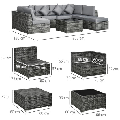 Outsunny 8 Piece PE Rattan Corner Sofa Set Garden Furniture Set Patio Wicker Sofa Seater w/ Cushion Washable Cushion Cover Tempered Glass Table Grey