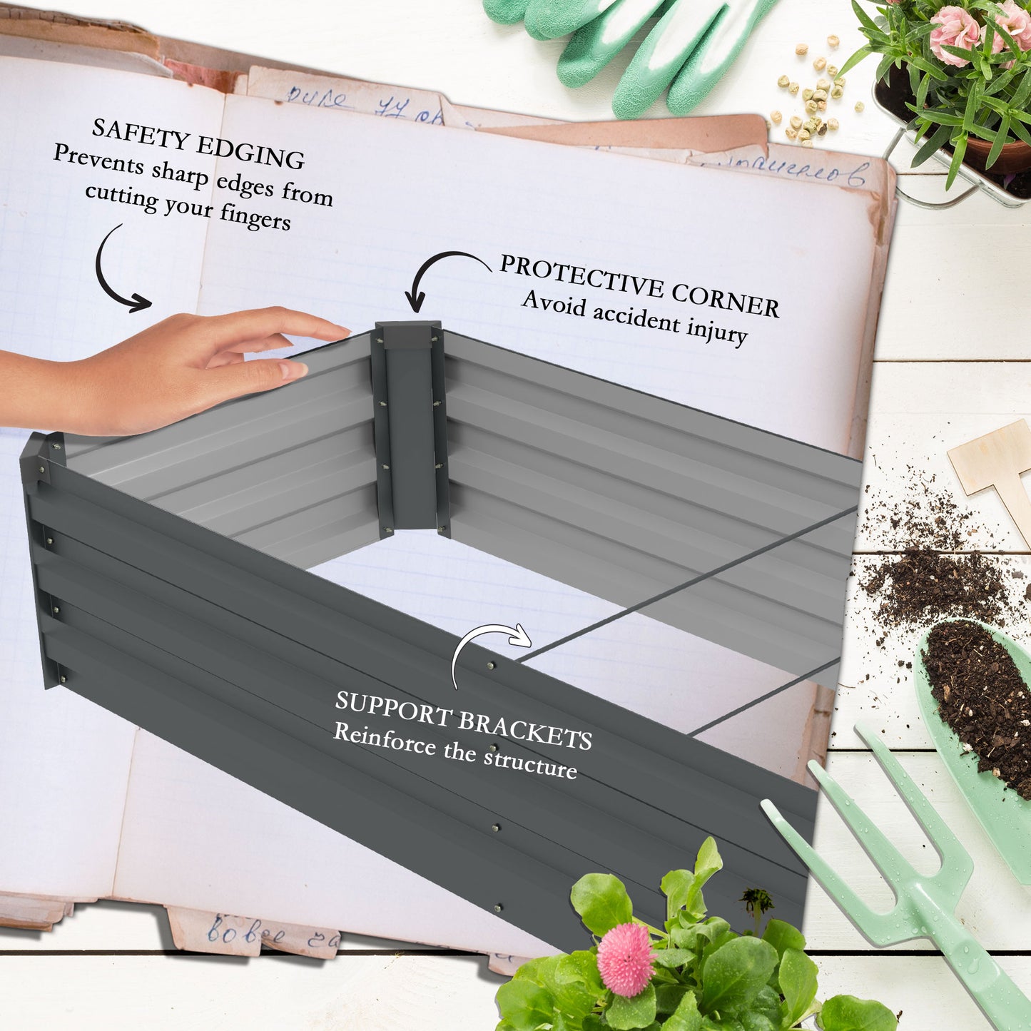 Large Galvanised Steel Raised Garden Bed | Powder-Coated | Open Bottom | Interior Support Brackets | 4 Protective Corners | Flat Safe Top | 240x60x30cm | Flowers Herbs & Veg | Dark Grey