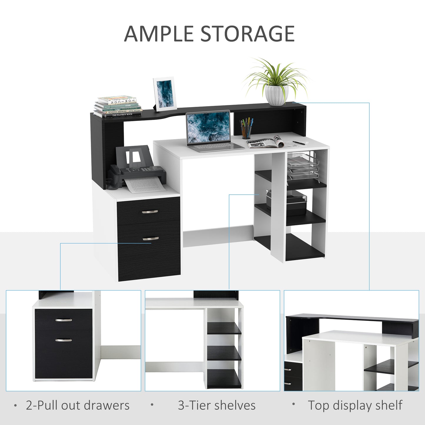 Computer Desk PC Table Modern Home Office Writing Workstation Furniture Printer Shelf Rack w/ Storage Drawer & Shelves