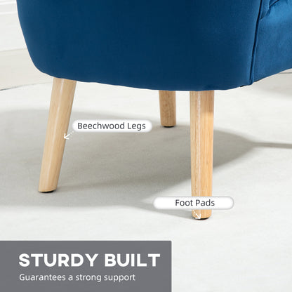 Retro Vintage Style Velvet Accent Chair Occasional Tub Seat Padding Curved Back w/ Ottoman Wood Frame Legs Home Furniture, Dark Blue