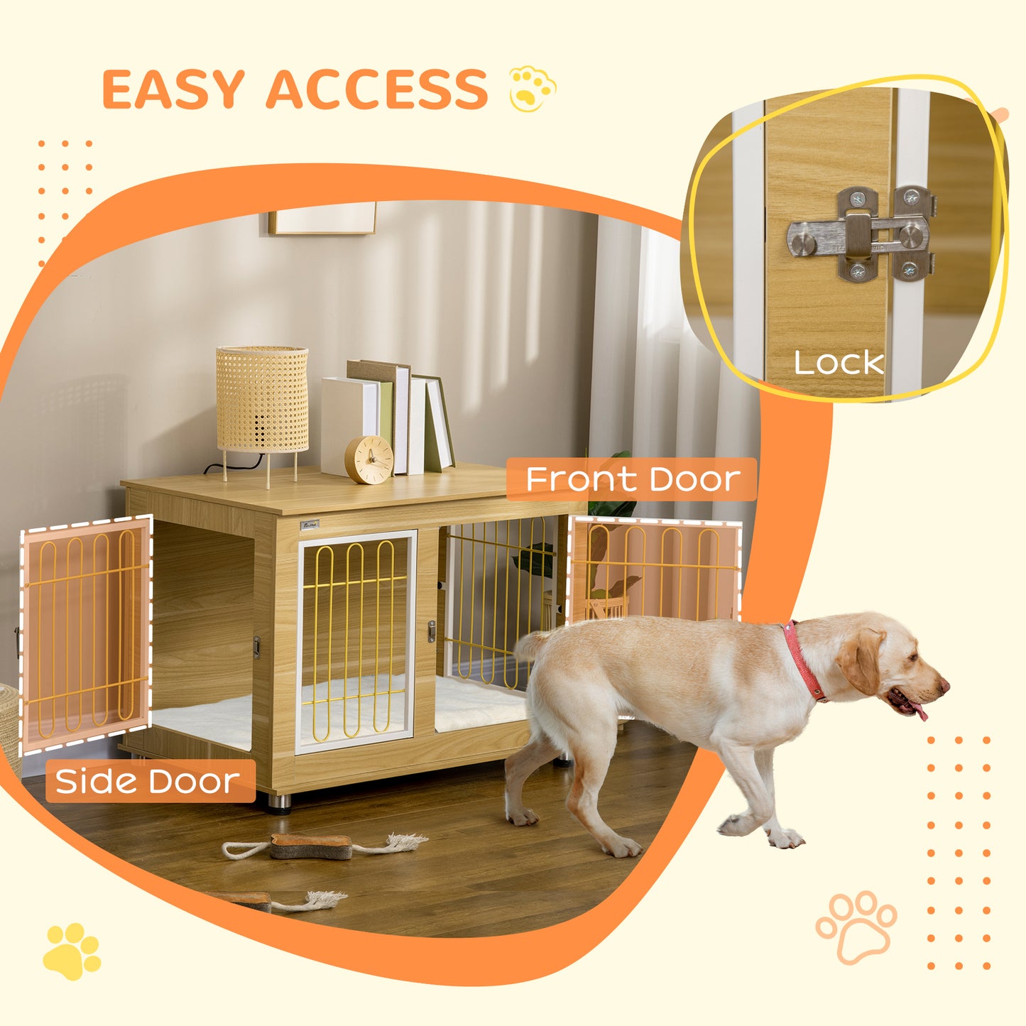 Dog Crate Furniture Side Table | Soft Cushion | Double Doors | Steel Wire Ventilation | Medium & Large Dogs up to 25kg | 90 x 58 x 65cm | Oak Tone & Beige