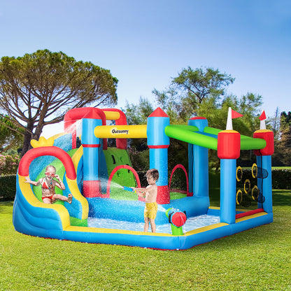Outsunny 5 in 1 Kids Bounce Castle Large Castle Style Inflatable House Slide Trampoline Pool Water Gun Climbing Wall for Kids Age 3-8