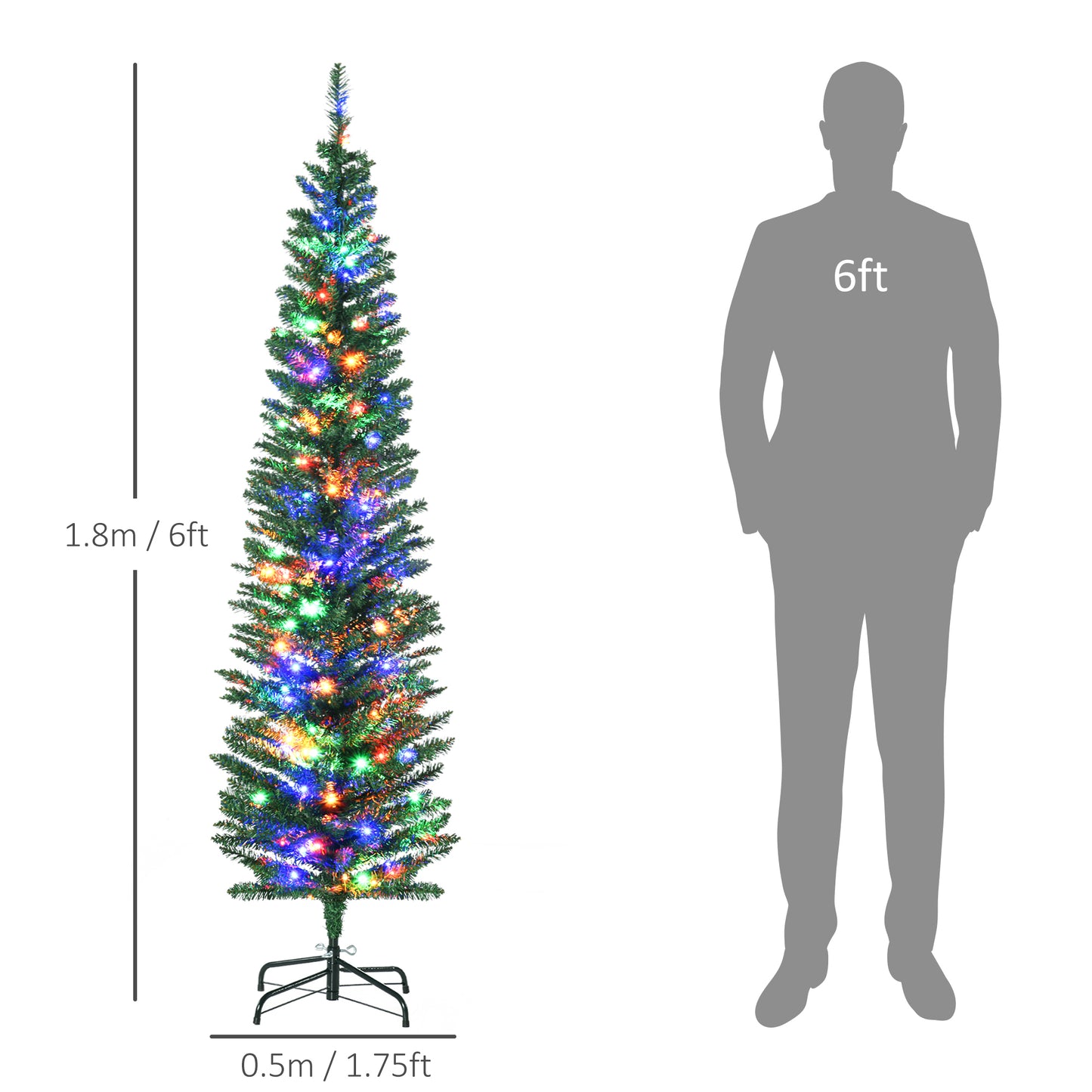 6' Artificial Prelit Christmas Trees Holiday Décor with Colourful LED Lights, Pencil Shape, Steel Base