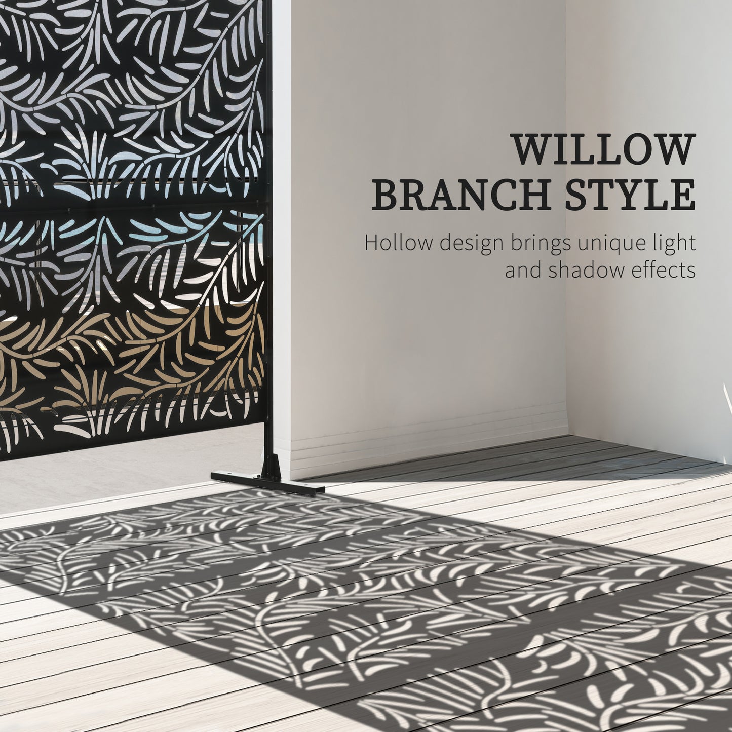 Outsunny Outdoor Privacy Screen with Stand and Ground Stakes, 6.5FT Metal Outdoor Divider, Decorative Privacy Panel for Garden Willow Branch Style