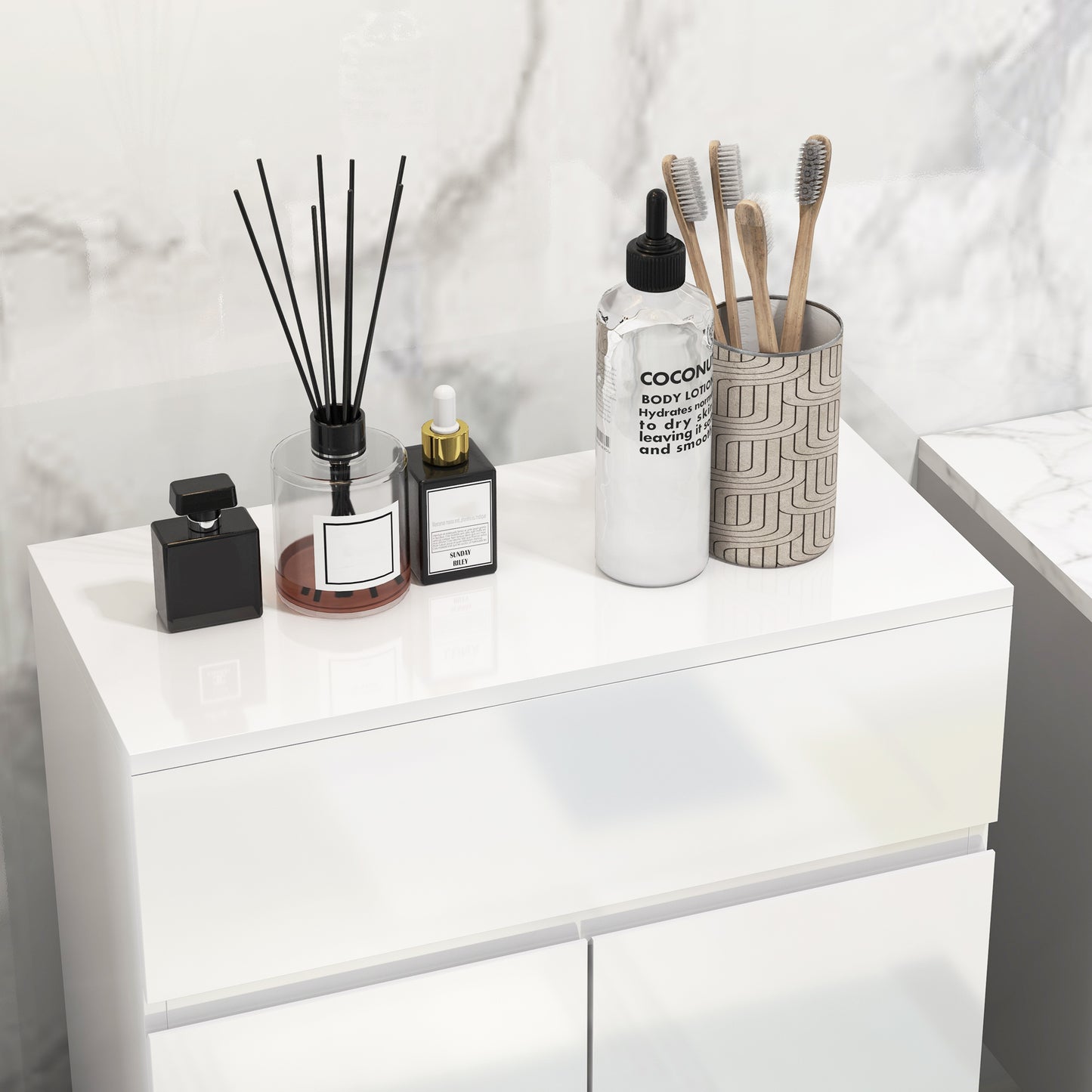Kleankin Freestanding Bathroom Cabinet, High Gloss Storage Cabinet with Doors and Adjustable Shelf, 60 x 30 x 80 cm, White