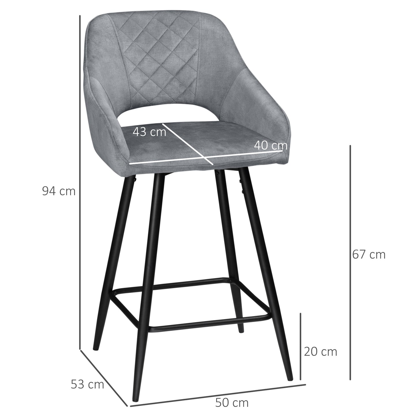 Retro Style Set of 2 Bar stools With Backs, Velvet-Touch Fabric Counter Height Bar Chairs, Kitchen Stools with Steel Legs for Dining Area, Grey