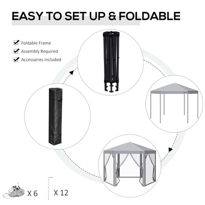 Outsunny 3 x 3(m) Pop Up Gazebo Hexagonal Foldable Canopy Tent Outdoor Event Shelter with Mesh Sidewall, Adjustable Height and Roller Bag, Grey