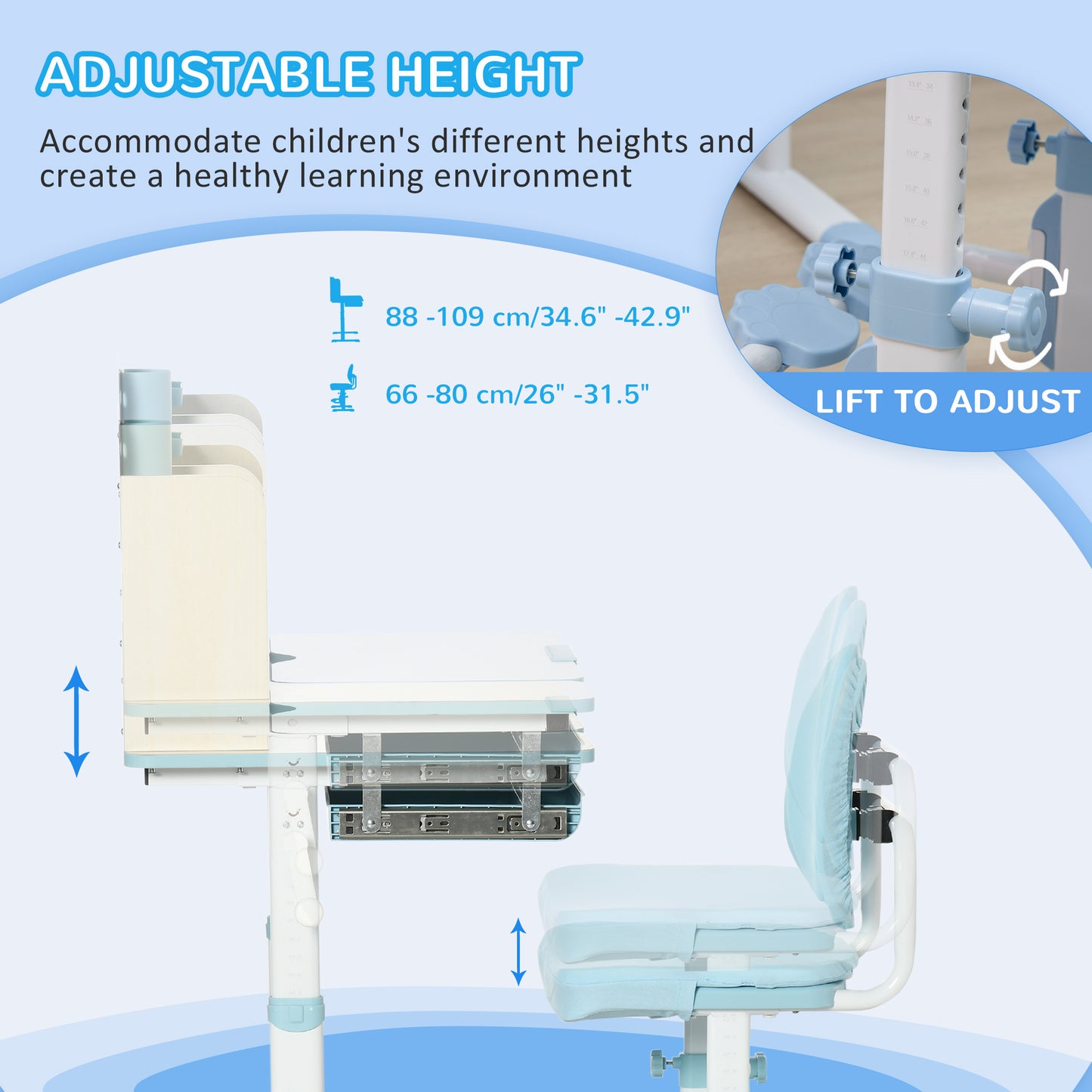 Kids Desk and Chair Set, Height Adjustable School Desk & Chair Set w/ Shelves, Washable Cover, Anti-Slip Mat, for Kids Aged 3-12, Blue