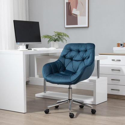 Velvet Office Chair | Button Tufted Curved Design | Padded Back & Armrests | 360° Swivel | 5 Wheels | Height Adjustable 44-54cm | 120kg | Blue