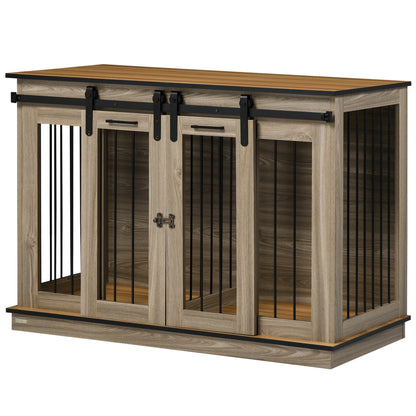 Dog Crate Furniture Side Table | Removable Divider | Double Sliding Doors | Large Dog or 2 Small Dogs | 120 x 60 x 88.5cm | Oak Tone