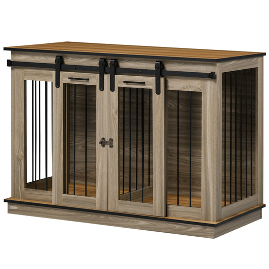 Dog Crate Furniture Side Table | Removable Divider | Double Sliding Doors | Large Dog or 2 Small Dogs | 120 x 60 x 88.5cm | Oak Tone