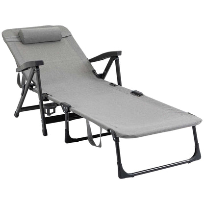 Outsunny Folding Sun Lounger, Mesh Fabric Chaise Lounge Chair, 7-Reclining Position Sleeping Bed W/ Pillow & Cup Holder -  Light Grey