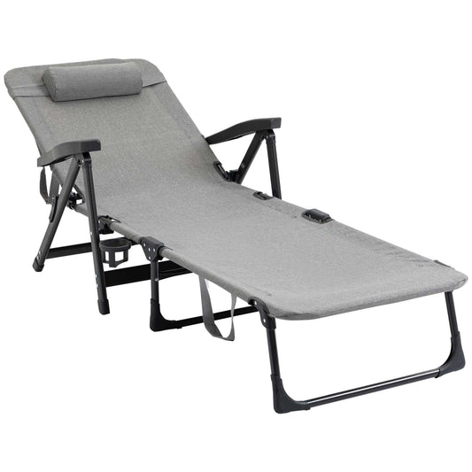 Outsunny Folding Sun Lounger, Mesh Fabric Chaise Lounge Chair, 7-Reclining Position Sleeping Bed W/ Pillow & Cup Holder -  Light Grey