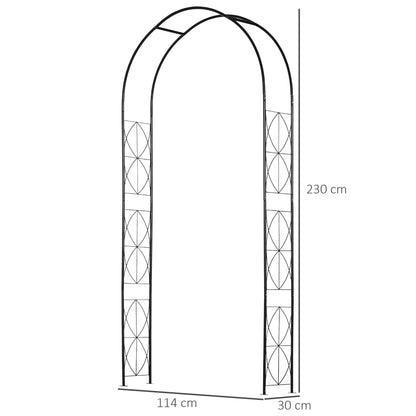 Matte Black Garden Arch | 2.3 m Steel Arbor Trellis with Curved Frame, Climbing Plant Supports, Hanging Basket Rails, Disc Feet & Ground Stakes