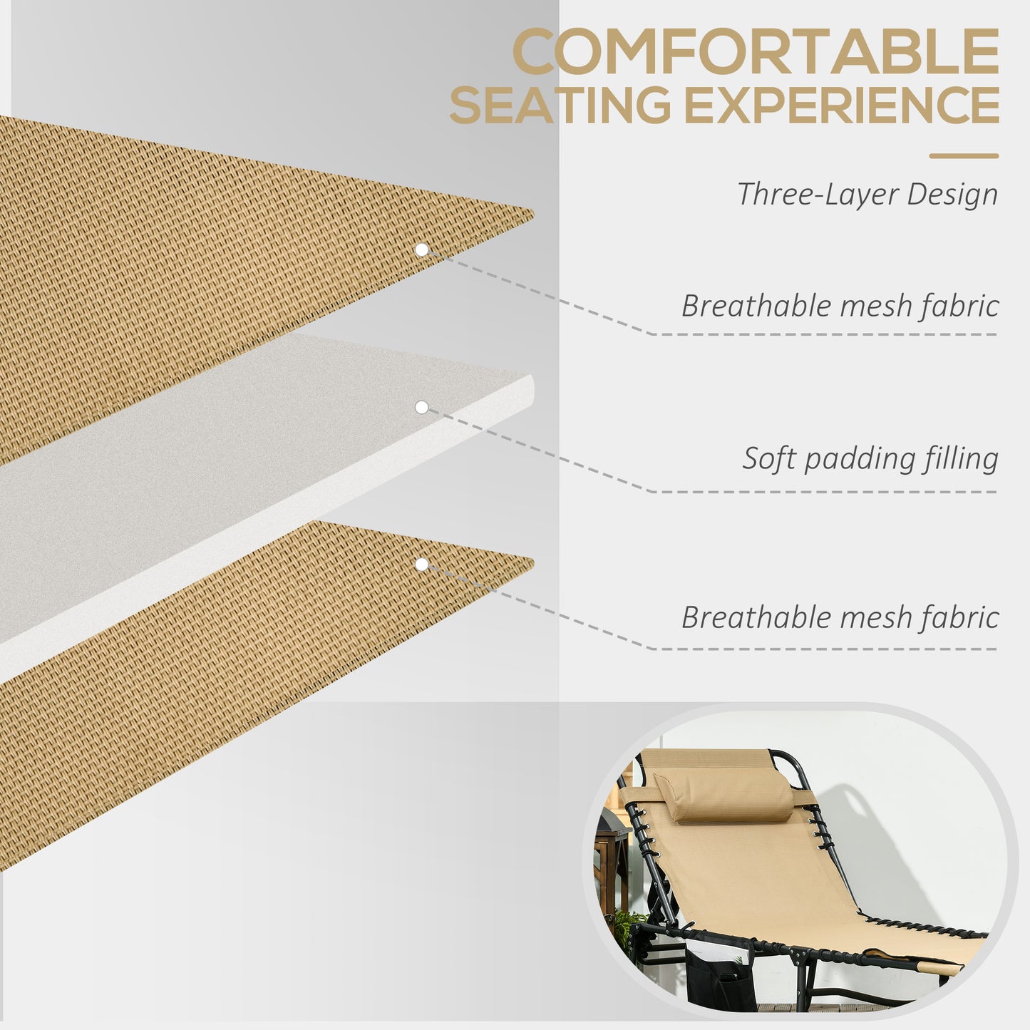 Outsunny Folding Sun Lounge With 5 Level Reclining Back, Tanning Chair With Reading Hole, Lounger with Side Pocket, Headrest - Beige