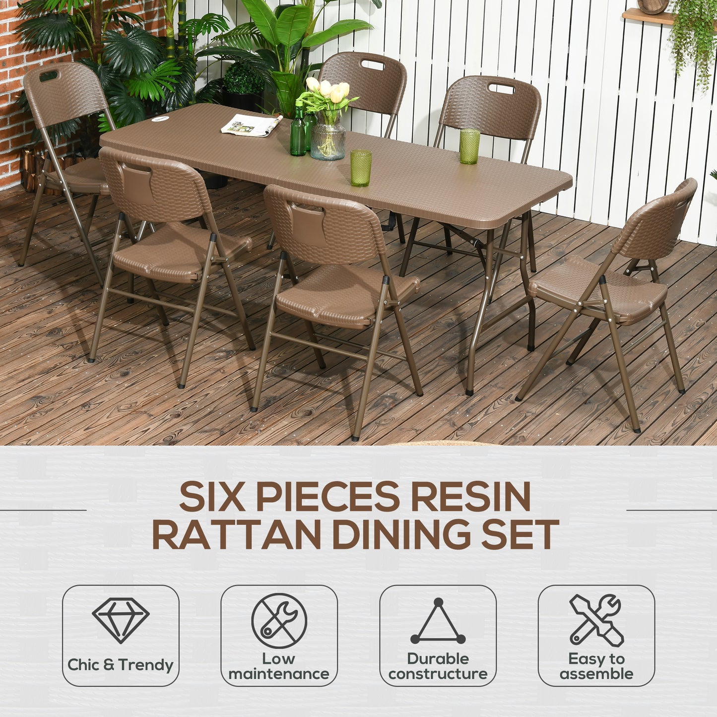 Patio 7 Piece Resin Rattan Dining Set, Foldable Chairs and Table w/ HDPE Molding Process, Portable, Space-saving for Indoor Outdoor Dark Brown