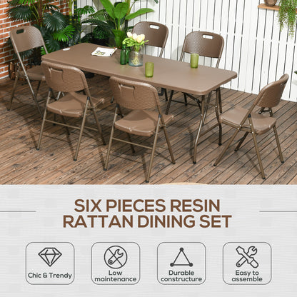 Patio 7 Piece Resin Rattan Dining Set, Foldable Chairs and Table w/ HDPE Molding Process, Portable, Space-saving for Indoor Outdoor Dark Brown