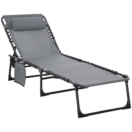 Outsunny Portable Sun Lounger, Folding , Reclining Lounge Chair 5-position Adjustable Backrest with Pillow for Patio Beach Pool, Grey