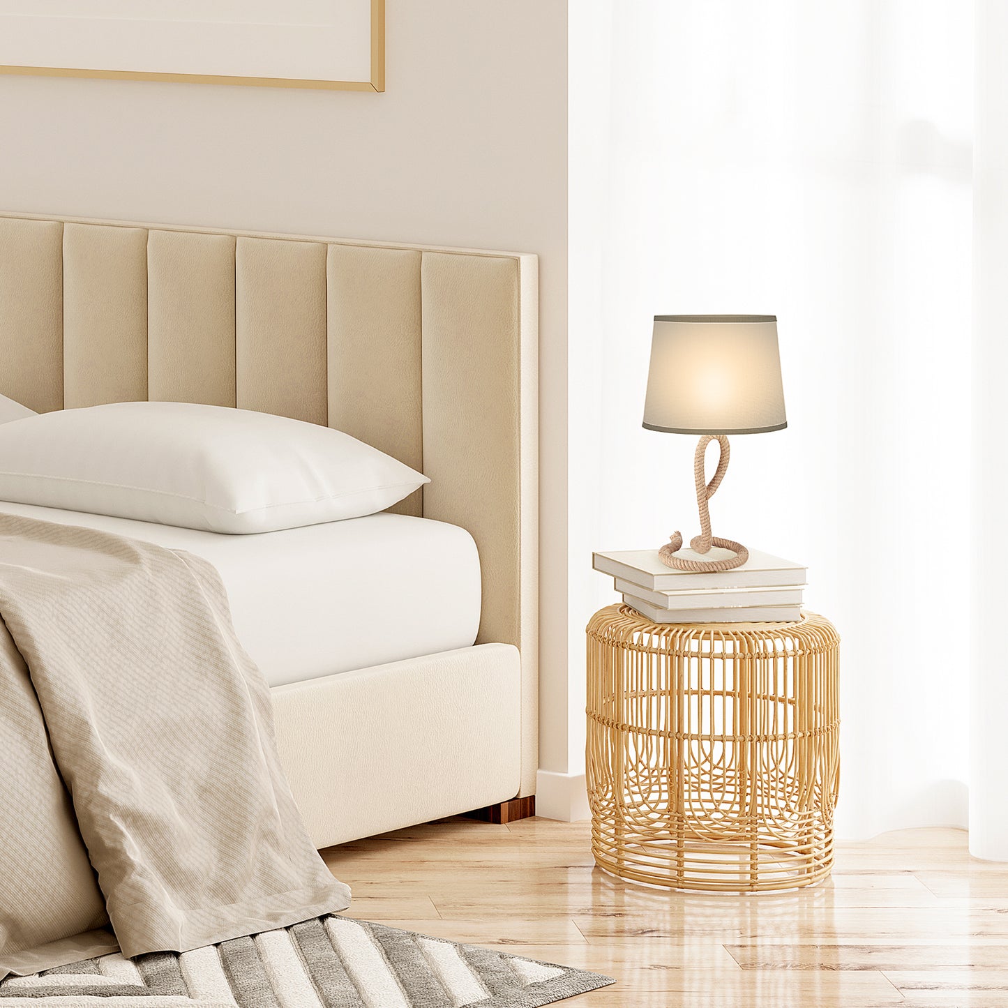 Farmhouse Table Lamp with Rope Base for E27 LED Halogen Bulb, Desk Fabric Light, Bedroom, Living room, Study