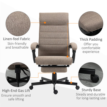 Vinsetto High-Back Home Office Chair, Linen Swivel Reclining With Adjustable Height, Footrest and Padded Armrest for Living Room, Study, Brown