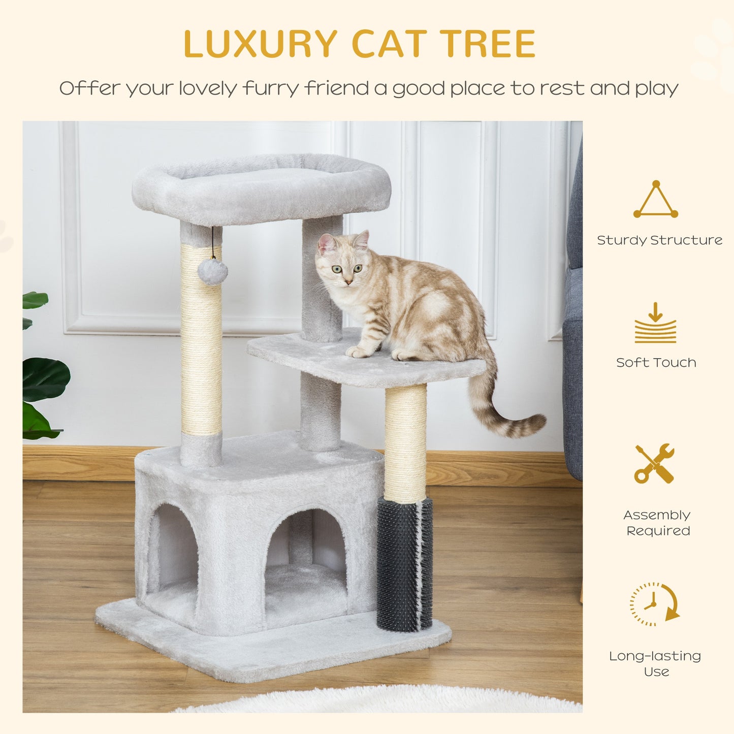PawHut Cat Tree Tower Climbing Activity Center Kitten Furniture with Sisal Post Scratching Massage Toy 48 x 48 x 80cm Light Grey