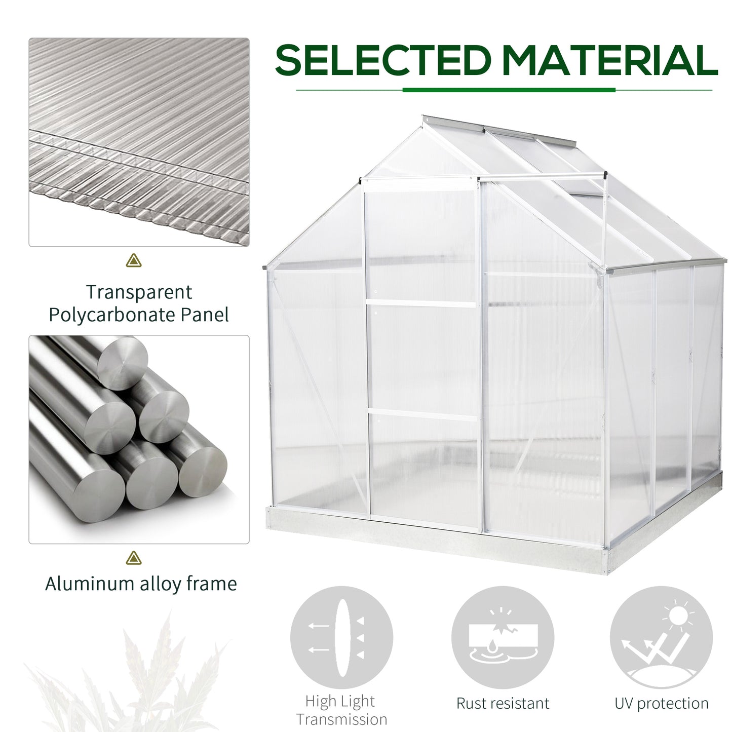 Outsunny 6 x 6 ft Walk-In Greenhouse Polycarbonate Greenhouse Grow House w/ Aluminium Frame, Sliding Door, Adjustable Window