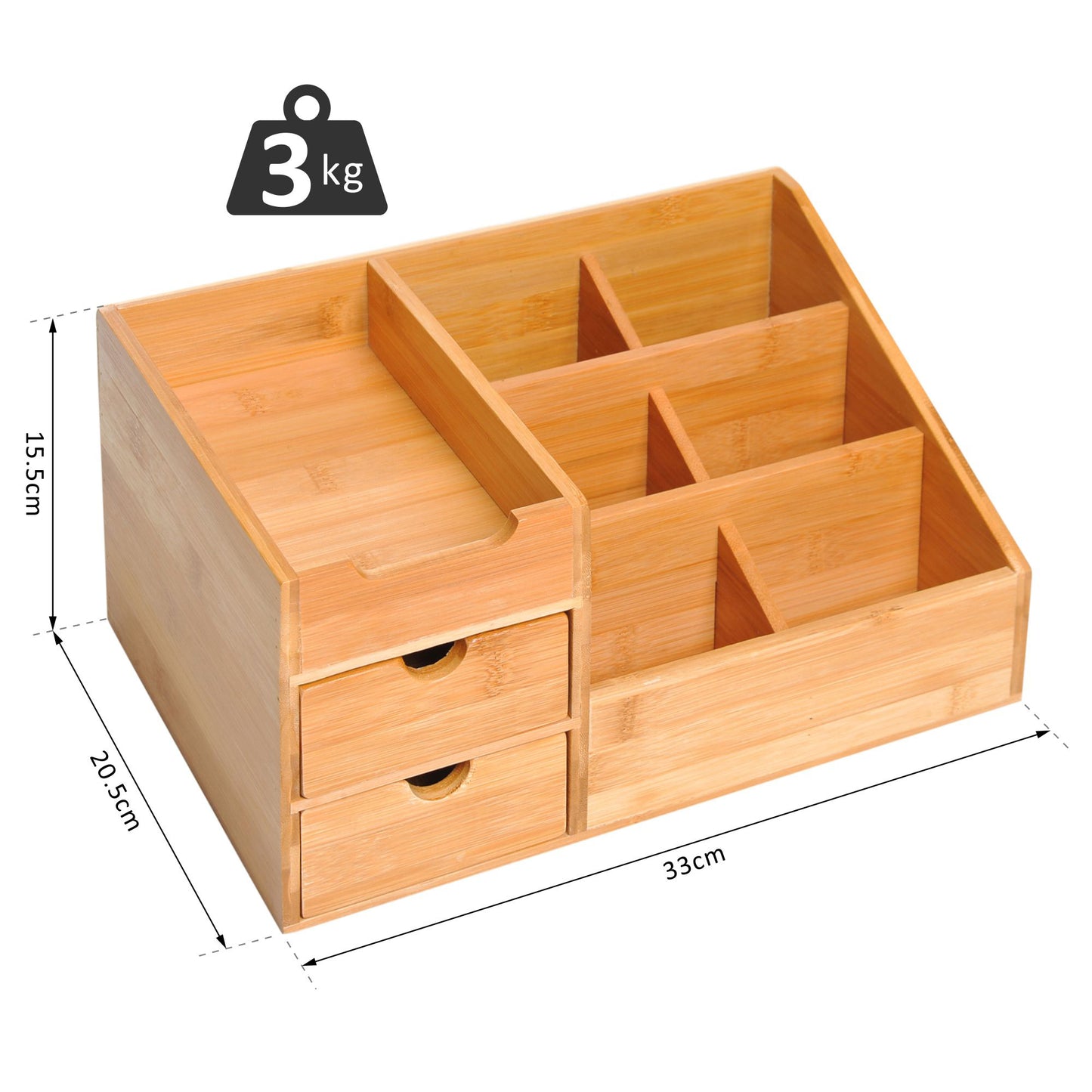 Natural Wood Organiser Holder Multi-Function Storage Caddy Drawers Home Office Stationary Supplies 7 Storage Compartments and 2 Drawers