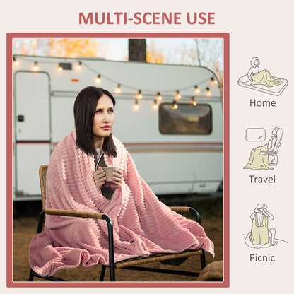 Flannel Fleece Throw Blanket, Fluffy Warm Throw Blanket, Striped Reversible Travel Bedspread, Single Size, 152 x 128cm, Pink