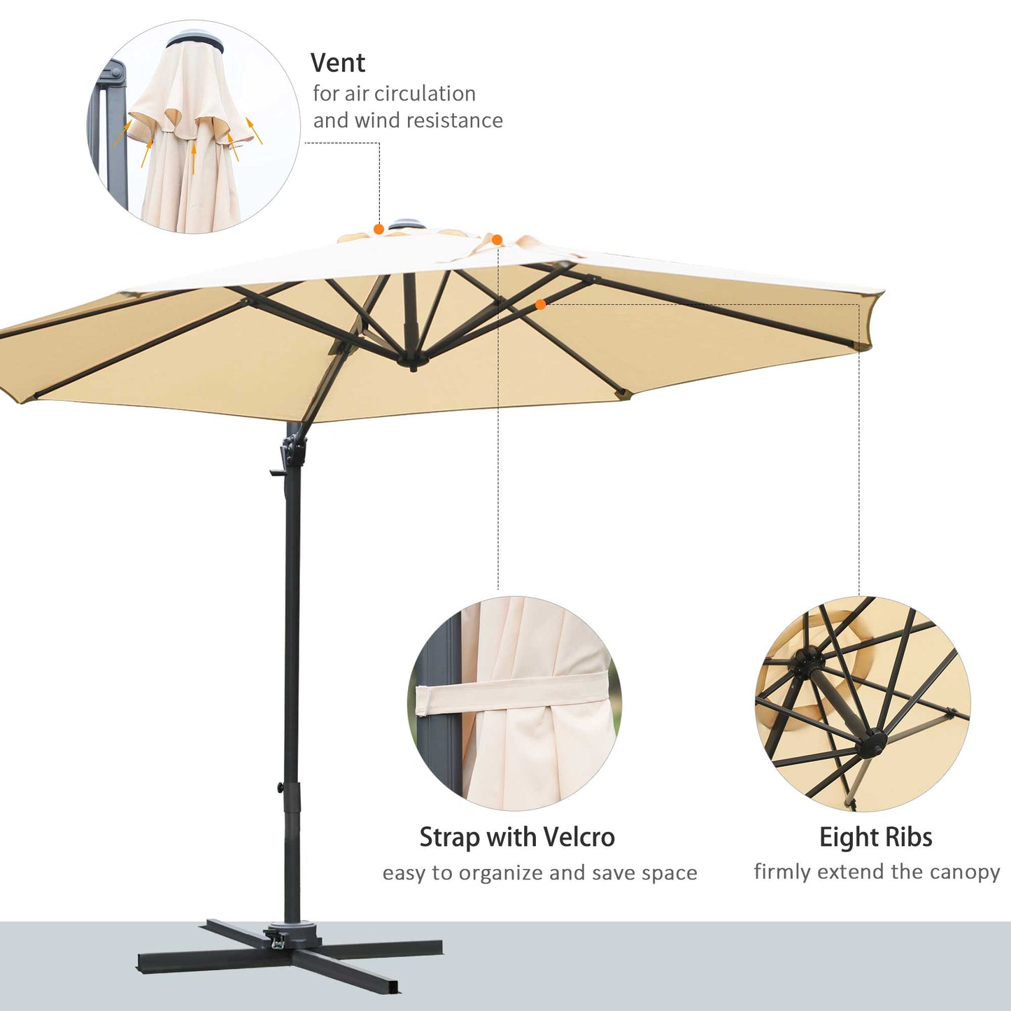 Outsunny 3(m) Patio Offset Parasol Roma Umbrella Cantilever Hanging Sun Shade Canopy Shelter 360° Rotation with Cross Base - Beige
