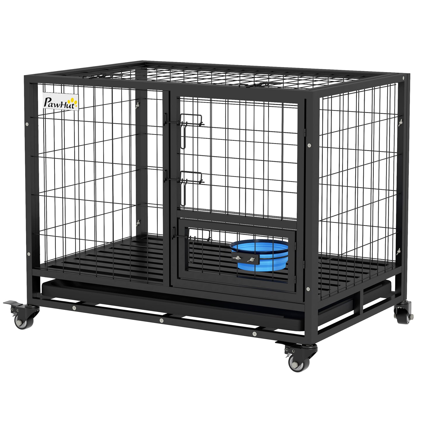 Dog Crate on Wheels | Double Doors | Bowl Holder & Foldable Bowl | Removable Tray | Detachable Top | Medium & Large Dogs up to 30kg | 92 x 62 x 73cm | Black