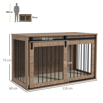 XL Dog Crate Furniture Side Table | Barn Door | Removable Washable Cushion | 3-Sided Ventilation | Extra Large Dogs up to 40kg | 118 x 60 x 73cm | Brown