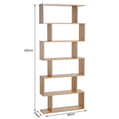 Wooden Wood S Shape Storage Display 6 Shelves Room Divider Unit Chest Bookshelf Bookcase Cupboard Cabinet Furniture (Oak)