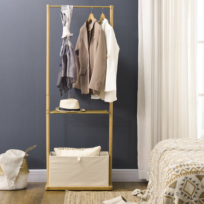 Clothes Rail, Bamboo Coat Stand, Garment Rack with Open Shelves and Fabric Storage Box for Bedroom, Hallway, Natural
