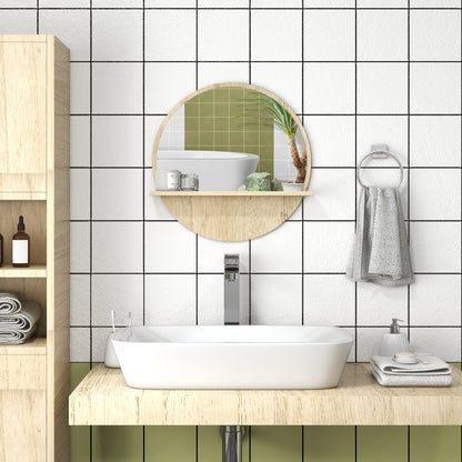 Kleankin 45cm Wall Mounted Bathroom Mirror, Round Mirror with Shelf, Framed Makeup Mirror for Home Decoration, Natural Wood Effect