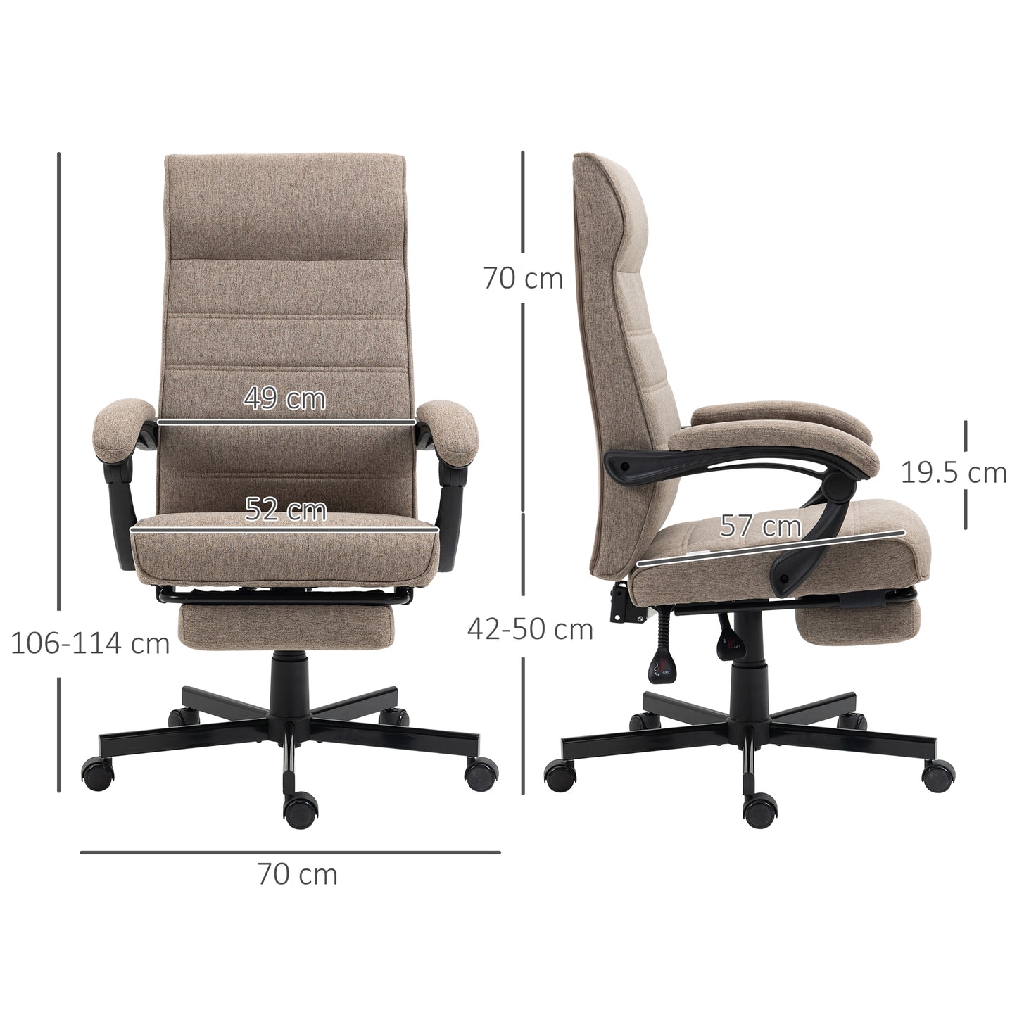 Vinsetto High-Back Home Office Chair, Linen Swivel Reclining With Adjustable Height, Footrest and Padded Armrest for Living Room, Study, Brown