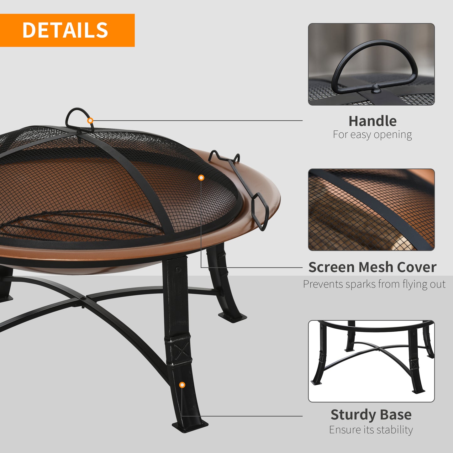 Outsunny Metal Large Firepit Bowl Outdoor Round Fire Pit w/ Lid, Log Grate, Poker for Backyard, Camping, Picnic, Bonfire, 76 x 76 x 49.5cm, Bronze