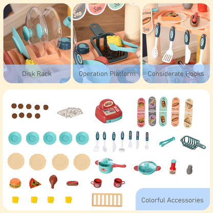 50 Pcs Kids Kitchen Play set Fast Food Trolley Cart Pretend Playset Toys with Play Food Money Cash Register Accessories Gift for Kids Age 3-6