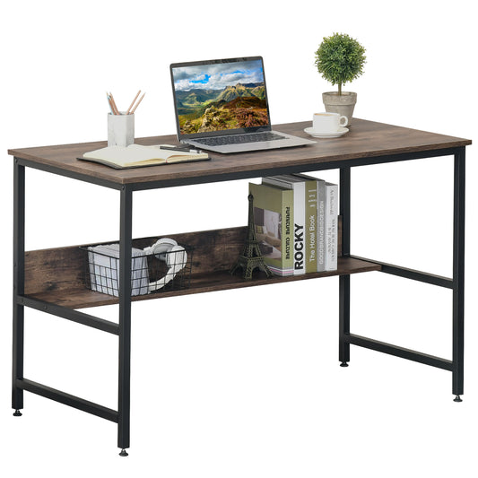 Computer Desk With Storage Shelf Adjustable Feet Metal Frame Home Office Laptop Study Writing Workstation Table Rustic Brown