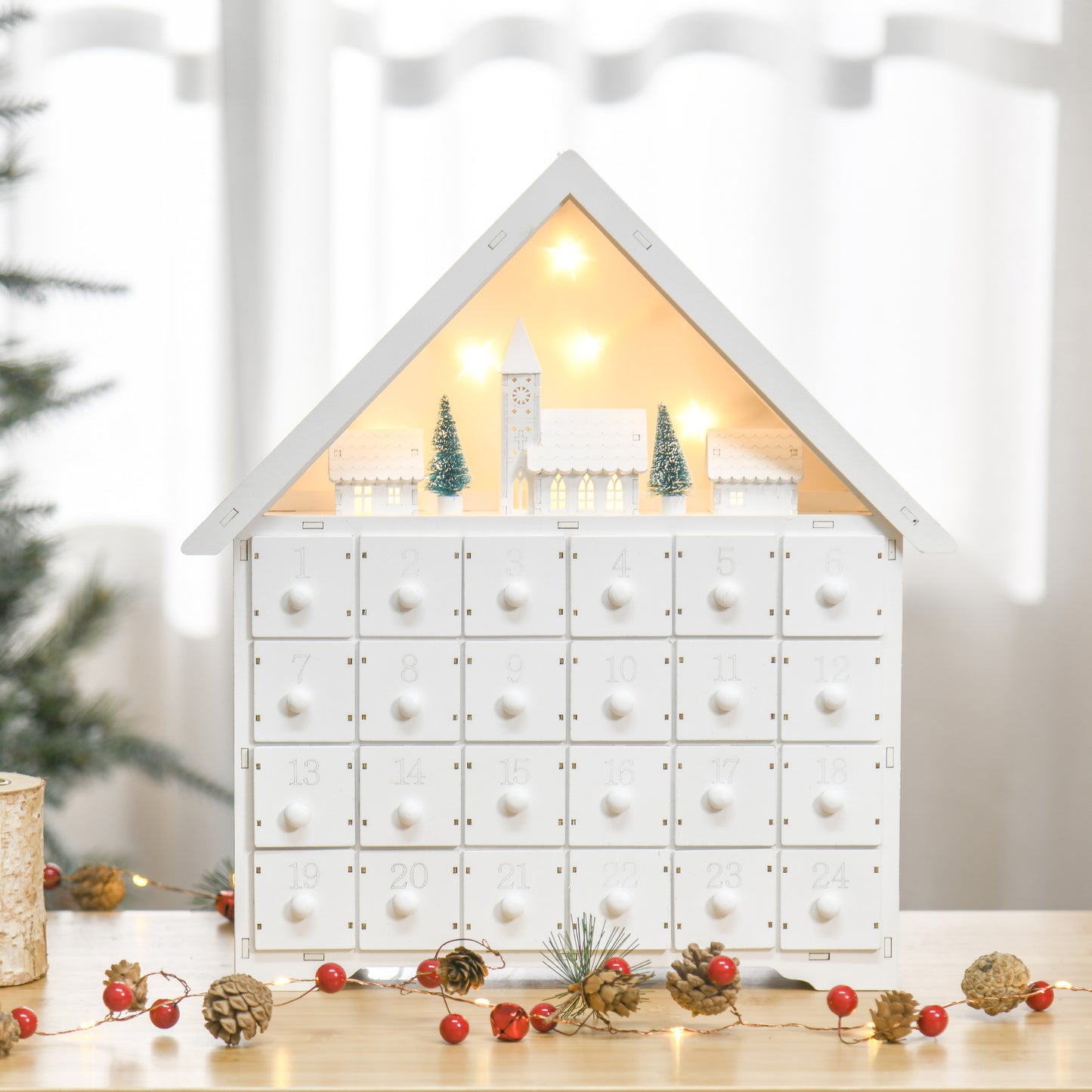Christmas Advent Calendar, Light Up Table Wooden House Holiday Decoration With Countdown Drawer, Village, For kids Adults, White
