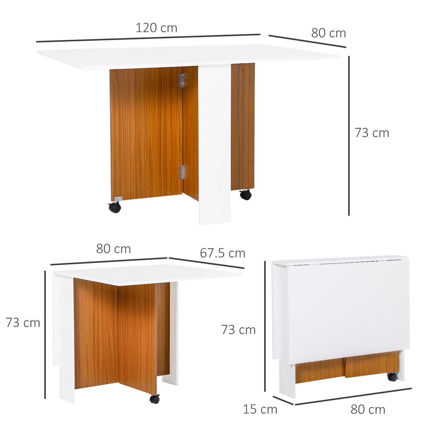 Retro Style Folding Dining Table Writing Desk Workstation w/ Casters Teak Colour, White