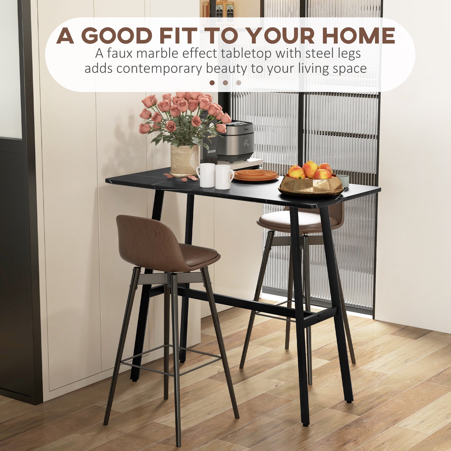 Rectangular Bar Table w/ Sturdy Metal Frame, Contemporary Design High Top Kitchen Table w/ Faux Marble Top, Easy Assembly Pub Table for 4