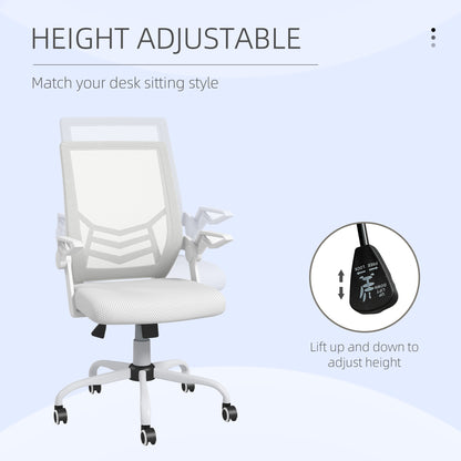 Mesh Office Chair | Flip-Up Armrests | Lumbar Support | Curved Back | Sponge Seat | Rocking Motion | 360° Swivel | 5 Wheels | Height Adjustable 45-55cm | 120kg | White
