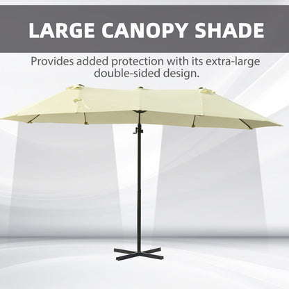 Outsunny Double Parasol Patio Umbrella Garden Sun Shade w/ Steel Pole 12 Support Ribs Crank Handle Easy Lift Twin Canopy - Beige