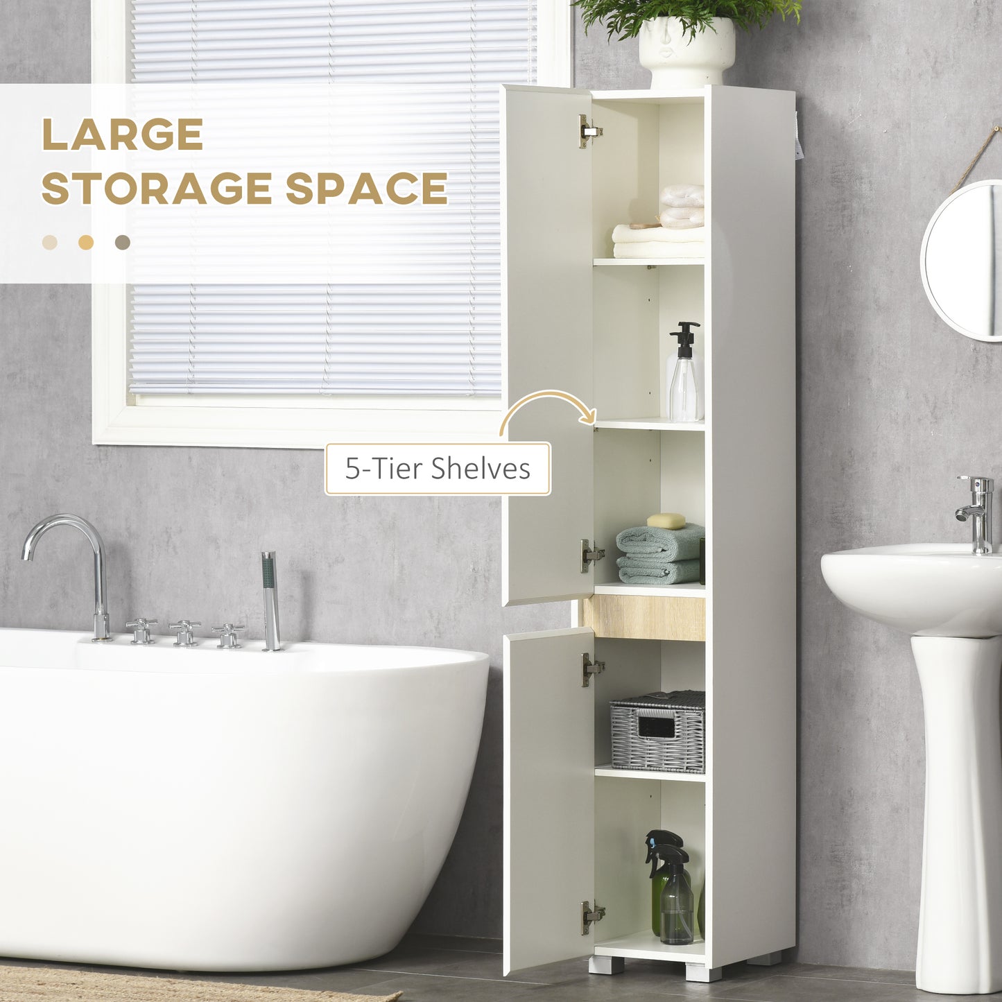 Kleankin Tall Bathroom Cabinet with Adjustable Shelves, 5-Tier Modern Freestanding Tallboy with Storage Cabinets, White